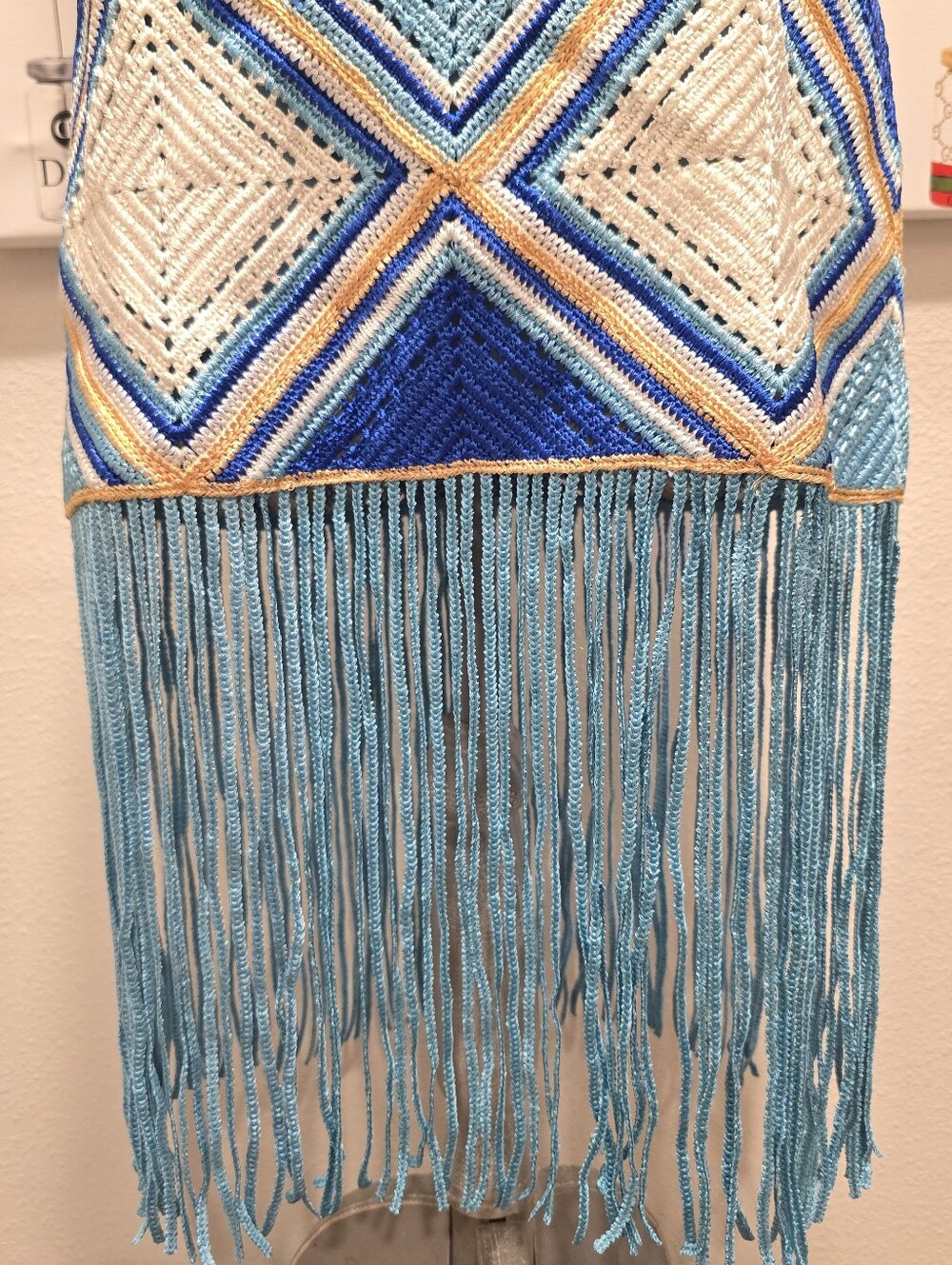 Boston Proper Midi Blue & Cream Crochet Dress with Fringe - Picture 8 of 13